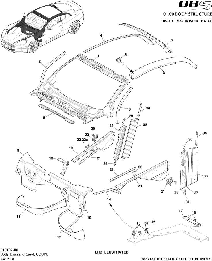 Body Structure - Body Dash and Cowl, Coupe of Aston Martin Aston Martin GT DBS (2007-2012)