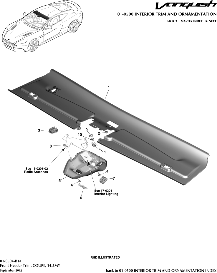 Interior Trim & Ornamentation - Front Header Trim, Coupe 14.5MY of Aston Martin Aston Martin GT VANQUISH (2013-2018)