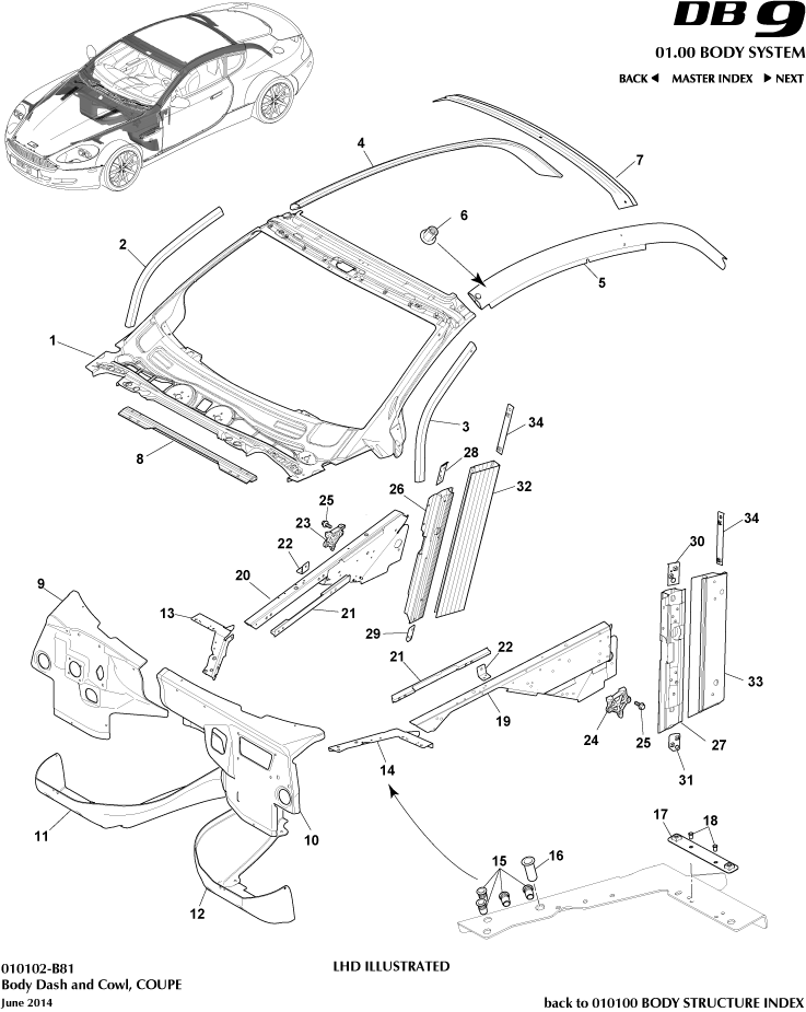 Body Structure - Body Dash and Cowl, Coupe of Aston Martin Aston Martin GT DB9 (2004-2017)