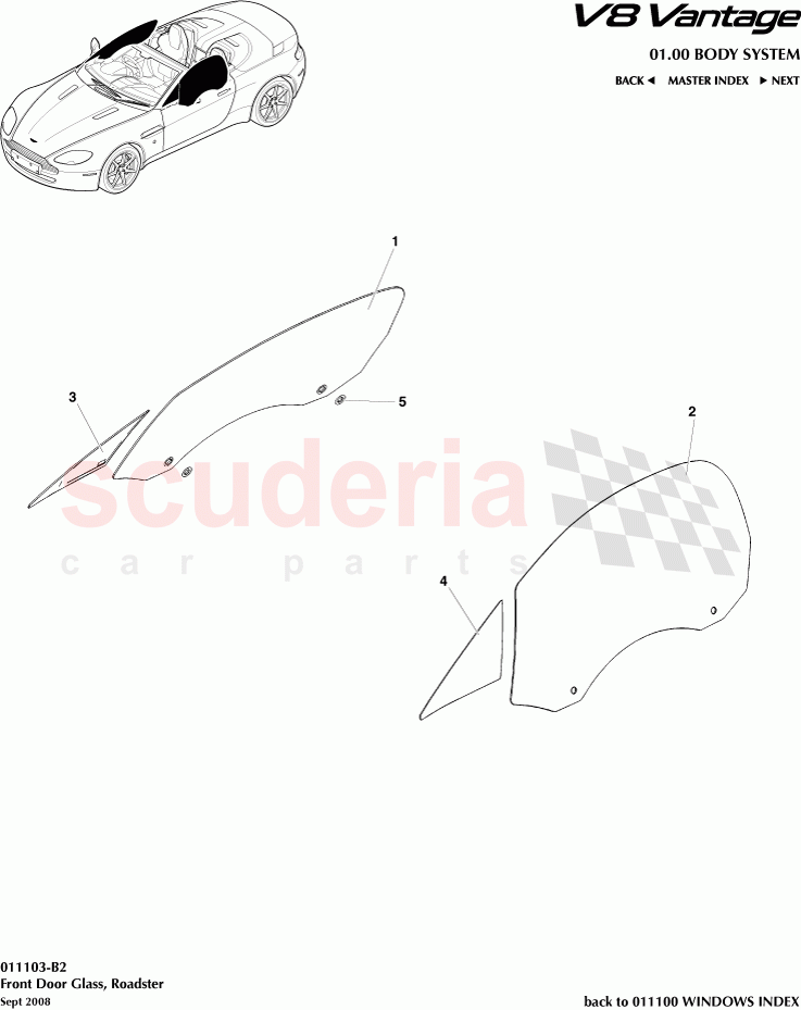 Front Door Glass (Roadster) of Aston Martin Aston Martin V8 Vantage (upto 2016)