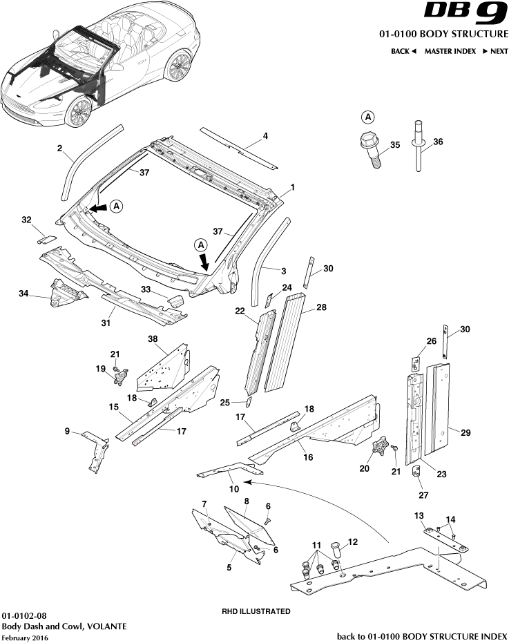 Body Structure - Body Dash & Cowl, Volante of Aston Martin Aston Martin GT DB9 (2004-2017)