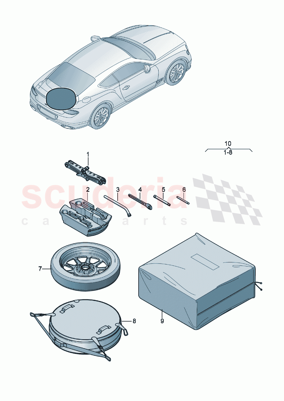 Vehicle tools for temporary spare wheel of Bentley Bentley New Continental GT (2019-2024)