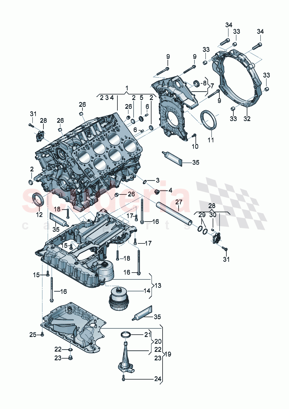 Crankcase housing Sealing flange Engine oil sump upper part Engine oil sump lower part with oil level sensor of Bentley Bentley New Flying Spur (2020-2024)