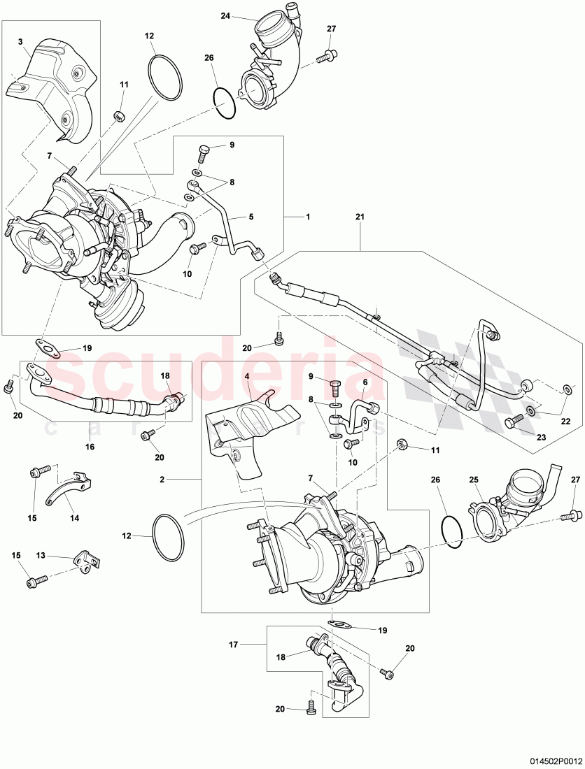 Exhaust gas turbocharger, oil return line, oil pressure line, F 3W-8-051 806>>, F ZA-A-062 022>>, D >> - MJ 2010 of Bentley Bentley Continental GTC (2006-2010)