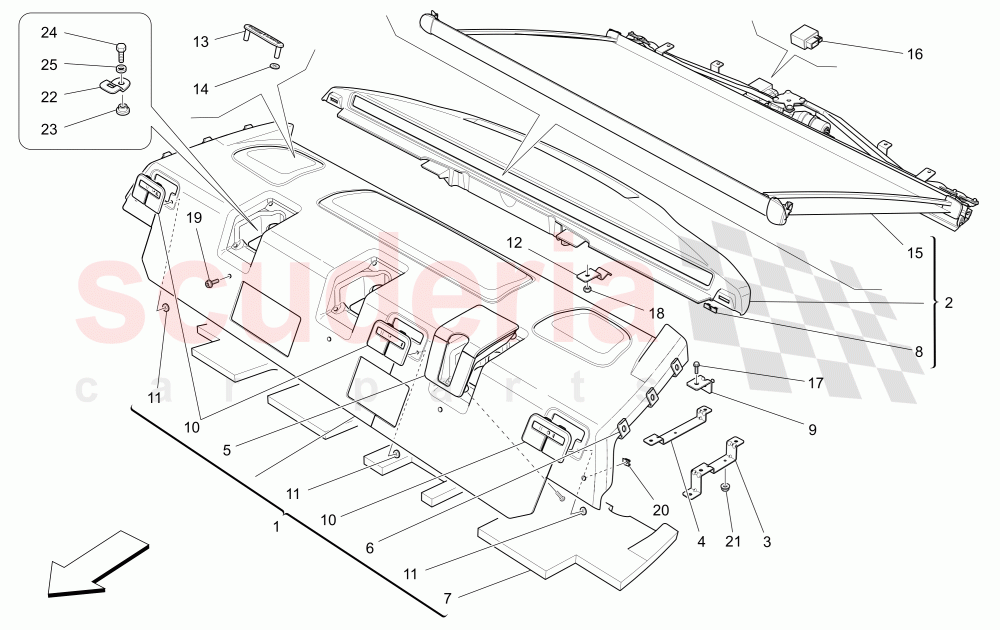 REAR PARCEL SHELF (Available with: REAR SEAT BENCH THREE PLACES HEATEDNot available with: COMFORT-LUXURY REAR SEATS WITH CENTRAL CONSOLE, REAR SEAT BENCH, THREE PLACES) of Maserati Maserati Quattroporte (2013-2016) Diesel