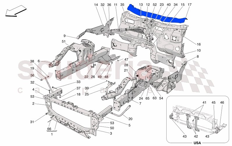 FRONT STRUCTURAL FRAMES AND SHEET PANELS of Maserati Maserati GranTurismo M189 TROFEO  AUTOMATIC 4WD 3.0 BT V6 550 HP