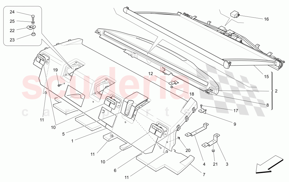 REAR PARCEL SHELF (Available with: REAR SEAT BENCH, THREE PLACES, POWER REAR SUNBLINDNot available with: COMFORT-LUXURY REAR SEATS WITH CENTRAL CONSOLE, REAR SEAT BENCH THREE PLACES HEATED) of Maserati Maserati Quattroporte (2017+) Diesel