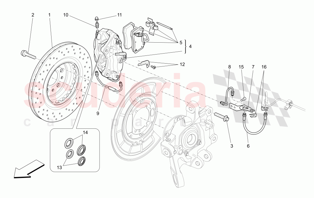BRAKING DEVICES ON REAR WHEELS (Available with: DUAL CAST BRAKING SYSTEM (FRONT - 360 MM) CAST-IRON (REAR - 345 MM) Not available with: Dual Cast Braking System (Front - 345 mm) ; (Rear - 330 mm) - Coloured brake calipers, Dual Cast Braking System (Front - 345 mm) ; (Rear - 330 mm)) of Maserati Maserati Ghibli (2014-2016)
