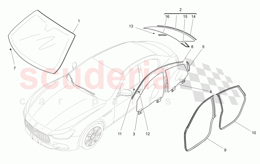 WINDOWS AND WINDOW STRIPS (Not available with: EXTERIOR BLACK KIT FULL (FRONT GRILLE FRAME, DOOR HANDLE, DOOR MIRRORS COVER)) of Maserati Maserati Ghibli (2017+) S Q4
