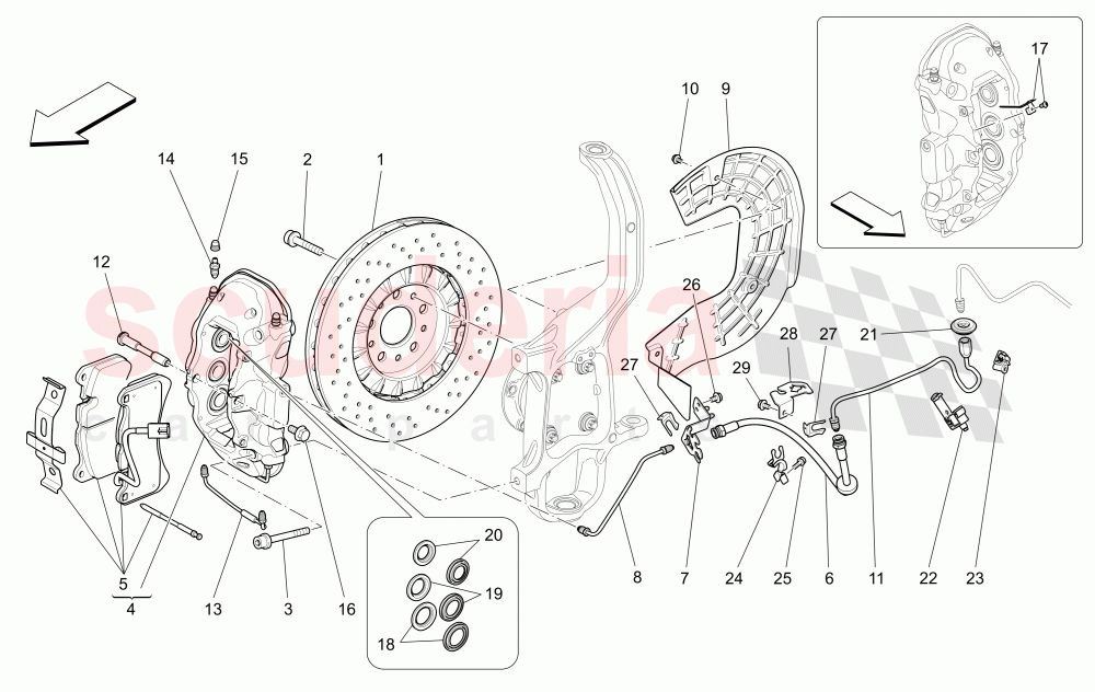 BRAKING DEVICES ON FRONT WHEELS (Available with: DUAL CAST BRAKING SYSTEM (FRONT - 360 MM) CAST-IRON (REAR - 345 MM) Not available with: Dual Cast Braking System (Front - 345 mm) ; (Rear - 330 mm) - Coloured brake calipers, Dual Cast Braking System (Front - 345 mm) ; (Rear - 330 mm)) of Maserati Maserati Ghibli (2014-2016) S Q4