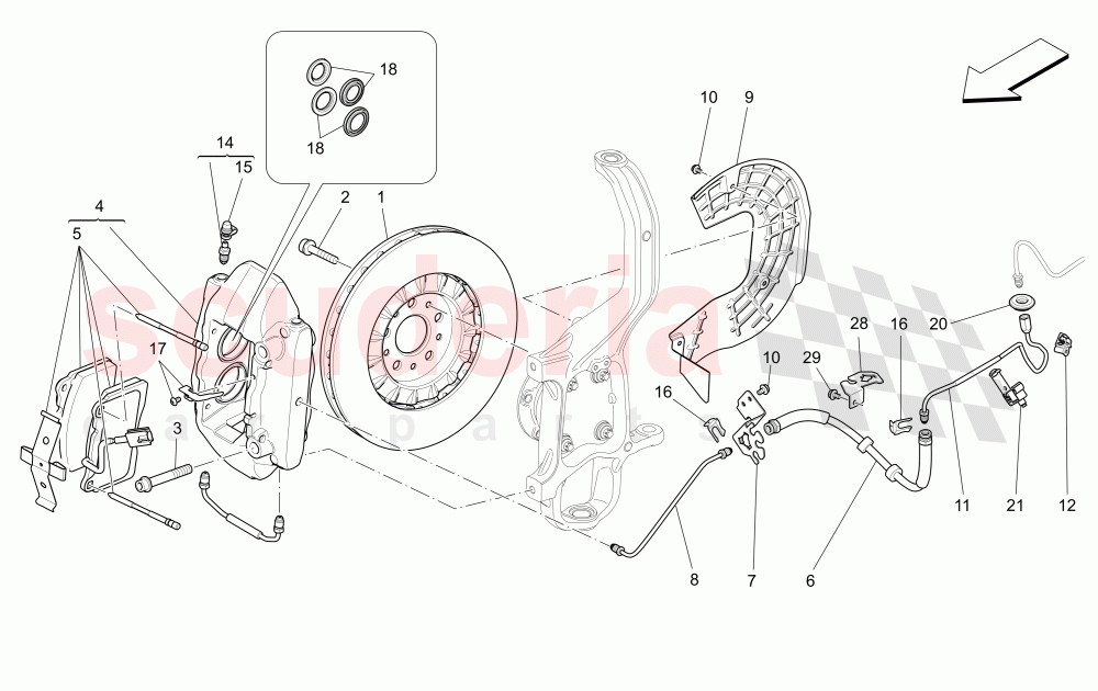 BRAKING DEVICES ON FRONT WHEELS (Not available with: DUAL CAST BRAKING SYSTEM (FRONT - 360 MM) CAST-IRON (REAR - 345 MM), Dual Cast Braking System (Front - 345 mm) ; (Rear - 330 mm) - Coloured brake calipers, Dual Cast Braking System (Front - 345 mm) ; (Rear - 330 mm)) of Maserati Maserati Ghibli (2014-2016)