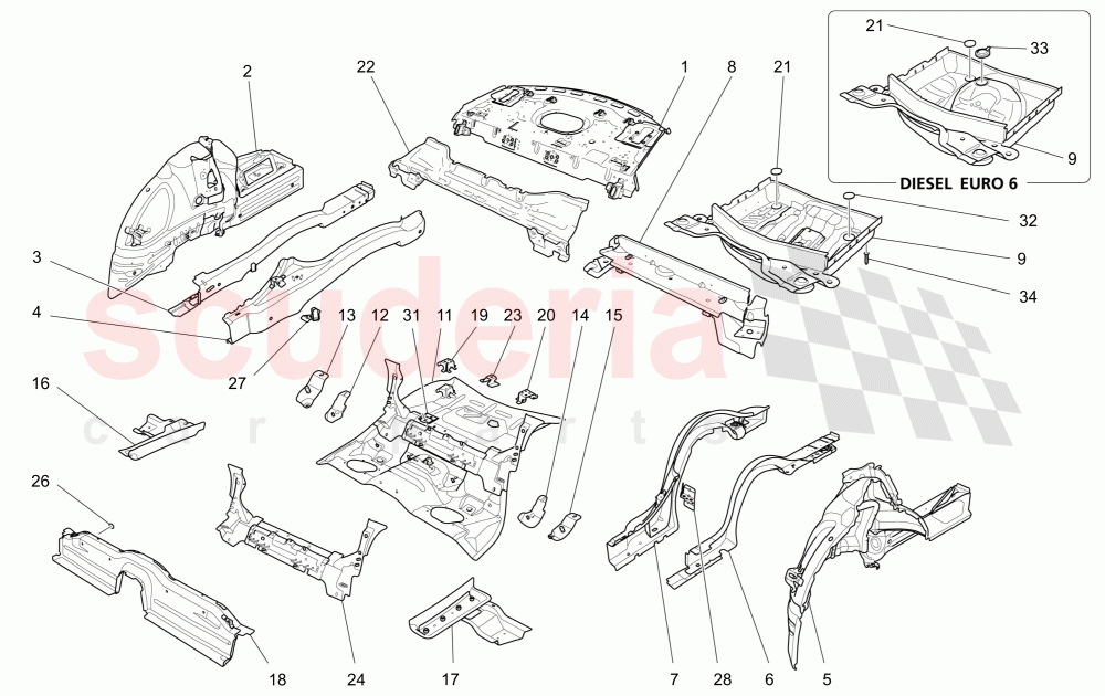 REAR STRUCTURAL FRAMES AND SHEET PANELS of Maserati Maserati Quattroporte (2017+) Diesel
