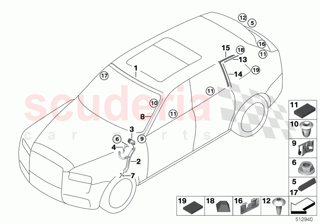 Glazing mounting parts of Rolls Royce Rolls Royce Cullinan RR31(2017-2023)